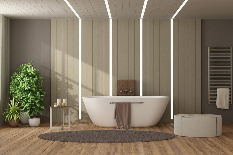 Beautiful bathroom featuring Plyco's Designer Groove VJ100 MDF Wall Panelling
