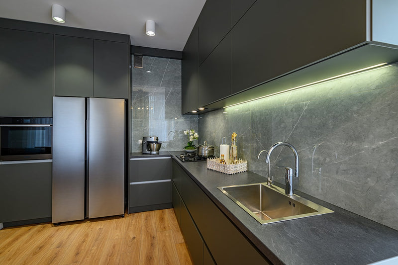 Black melamine panels from Melbourne plywood supplier Plyco's in a laminated kitchen benchtop renovation 