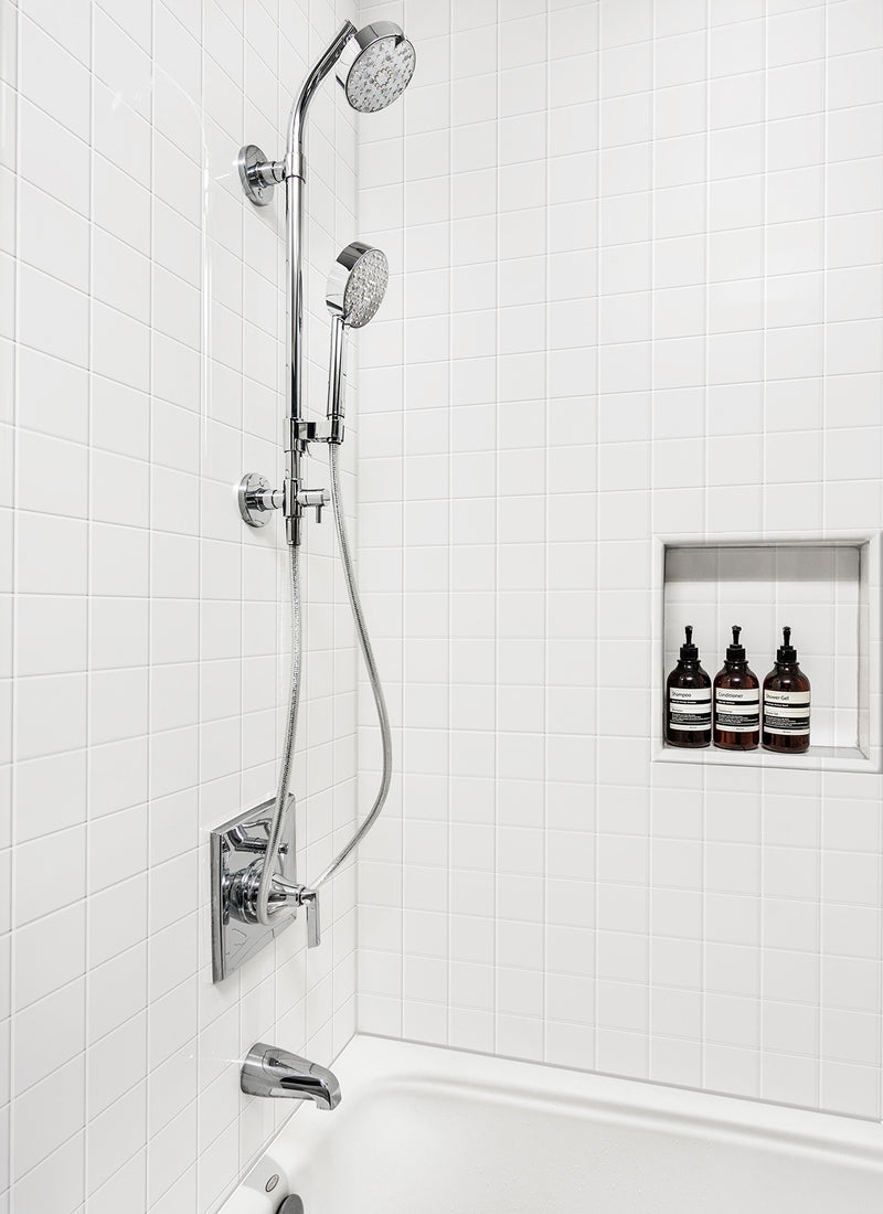 Polar White Tile Laminex Aquapanel from Plyco used in a Melbourne shower DIY project without a white background