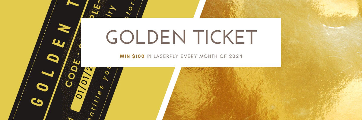 Desktop banner image for Melbourne plywood supplier Plyco's Golden Ticket Giveaway promotion on all laser cutting and engraving products in 2024