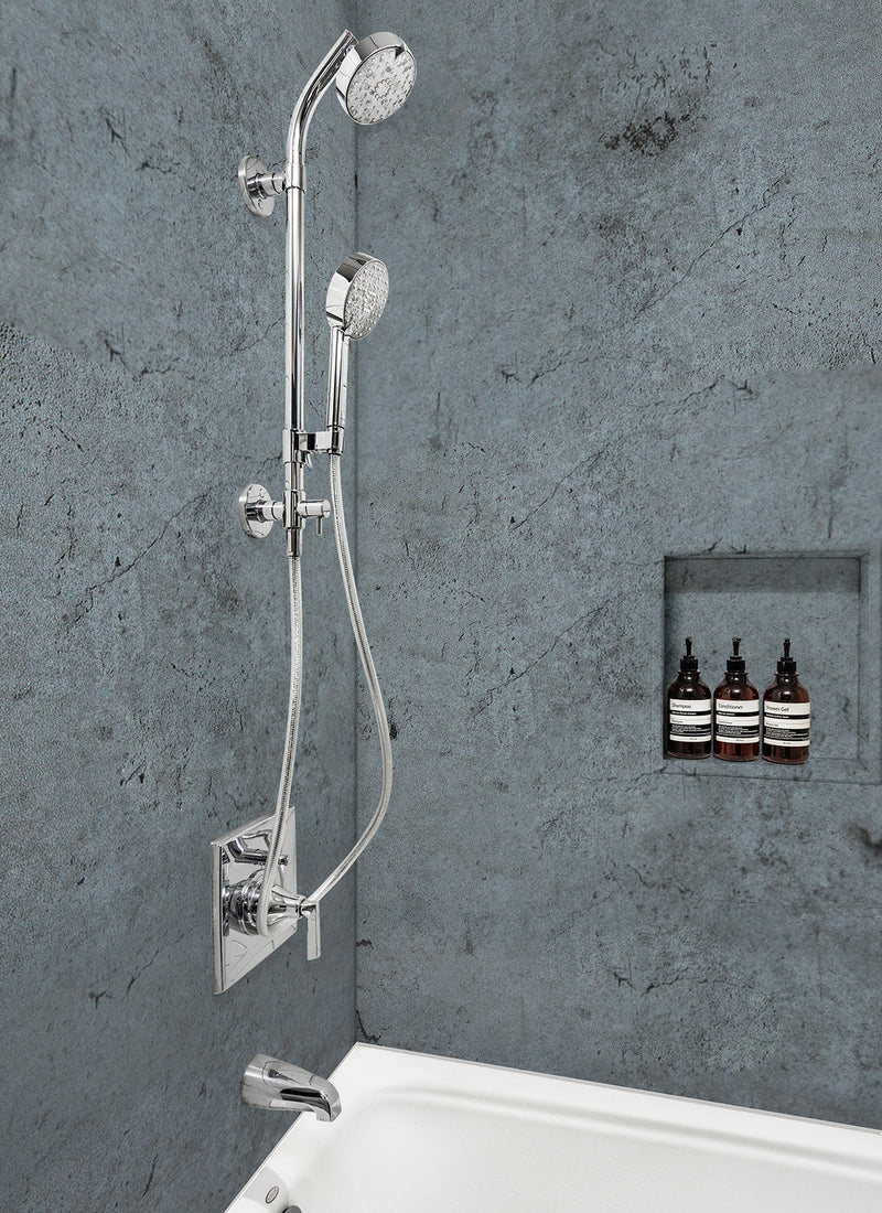 A residential shower featuring Forest One's Iron Age WallART Wet Area Panel from Plyco without a white background