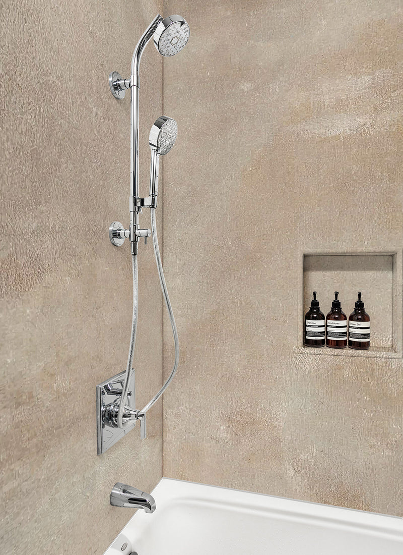 A residential shower featuring Forest One's Pumice White WallART Wet Area Panel from Plyco without a white background