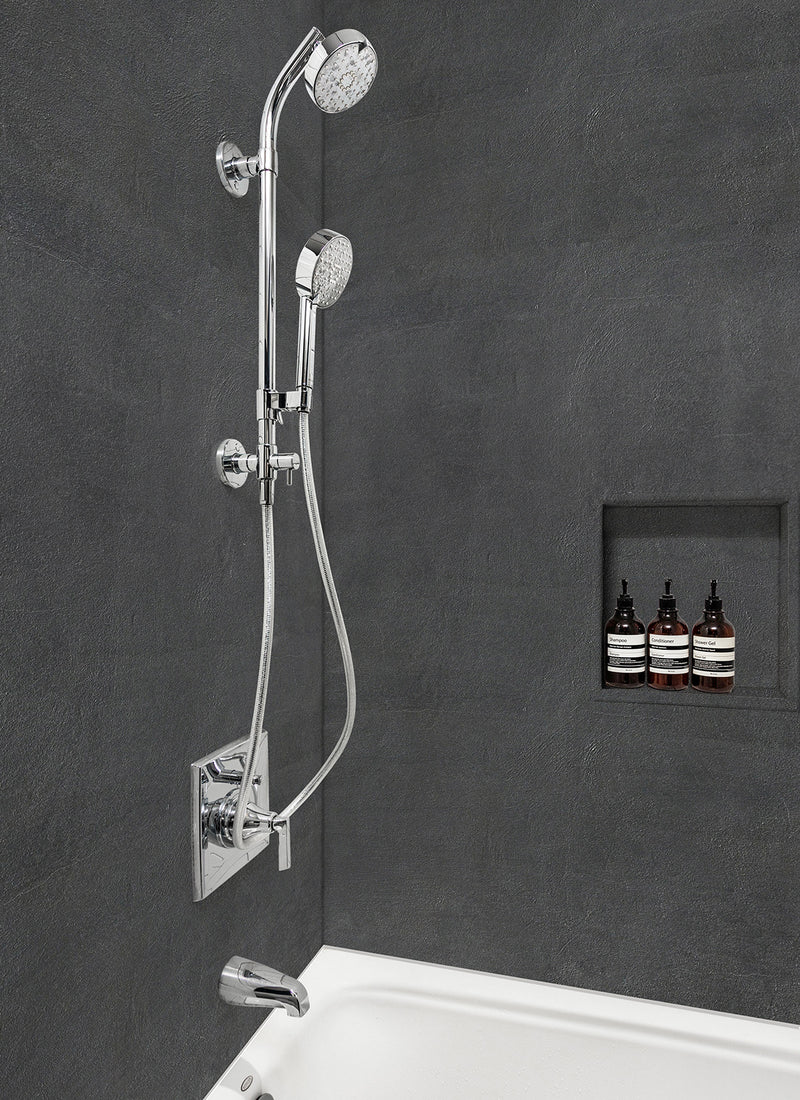 A residential shower featuring Forest One's Slate Matt WallART Wet Area Panel from Plyco without a white background