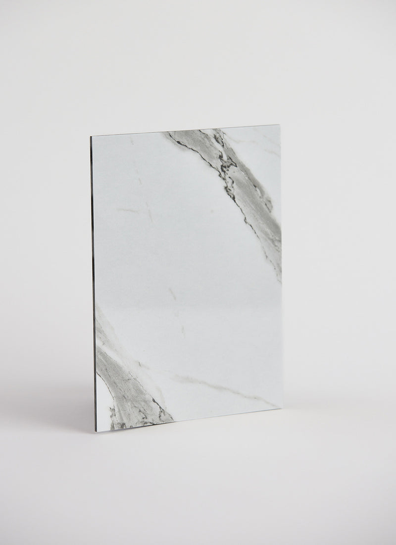 Forest One's 2400 x 1200mm Glossy White Marble HPL WallART Wet Area Panel available to buy at Plyco on a white background