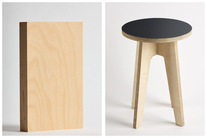 Plyco's Scandinavian Stool constructed with the plywood supplier's 24mm European Birch Plywood for the legs and our Raven Decoply, using the plywood supplier's CNC service 