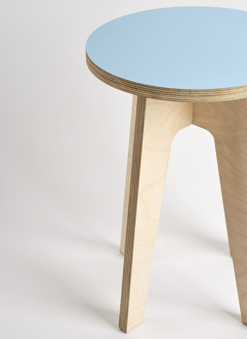 Plyco's Scandinavian inspired, Birch Decoply Stool/Chair in Sky Blue on a white background