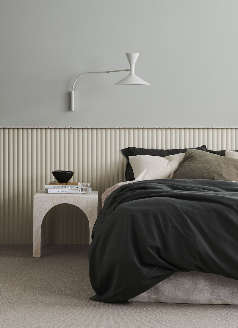 Another Laminex Surround MDF wall panel Demi Round 40 used in a bedroom not on a white background. Available to buy online from plywood supplier Plyco.