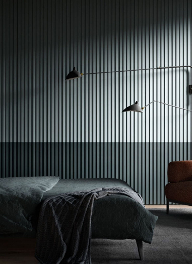 Laminex Surround MDF wall panel French Stripe 30 used in a bedroom not on a white background. Available to buy online from plywood supplier Plyco