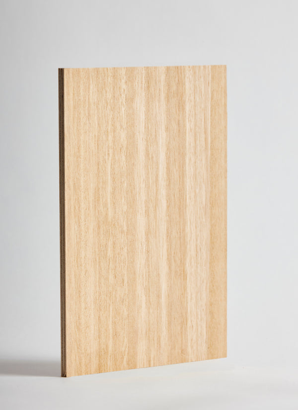 Plyco's Blackbutt timber veneer on Birch 18mm Quadro plywood panel on a white background