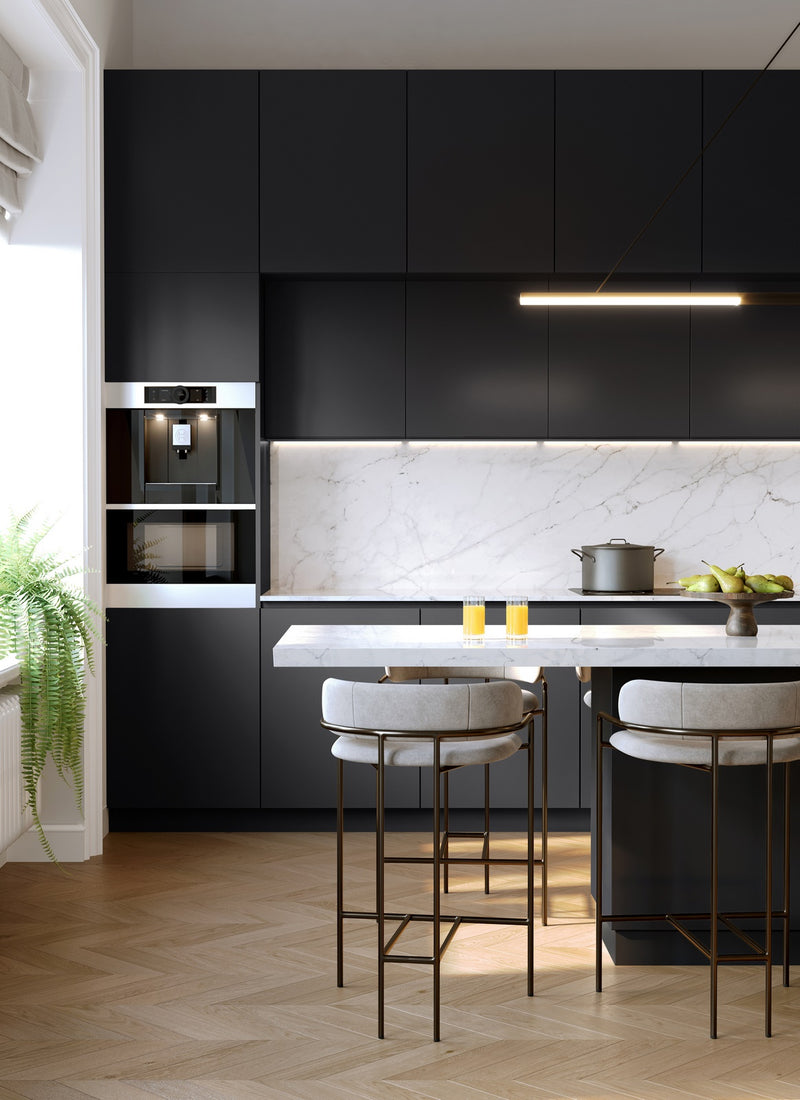 Render of a DIY kitchen featuring Plyco's Black Spotless Laminate not on a white background