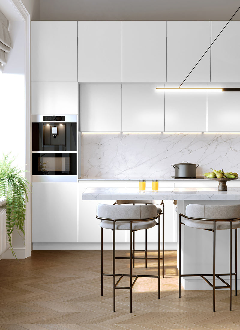 Render of a DIY kitchen featuring Plyco's White Spotless Laminate not on a white background