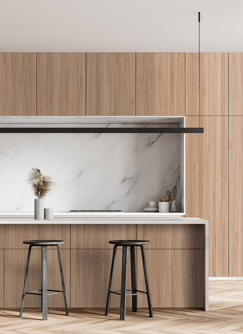 Plyco's American Walnut on Birch Plywood featured in a Melbourne kitchen without a white background