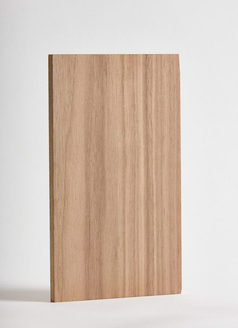 Plyco's American Walnut Strataply pressed on 18mm Birch Plywood on a white background