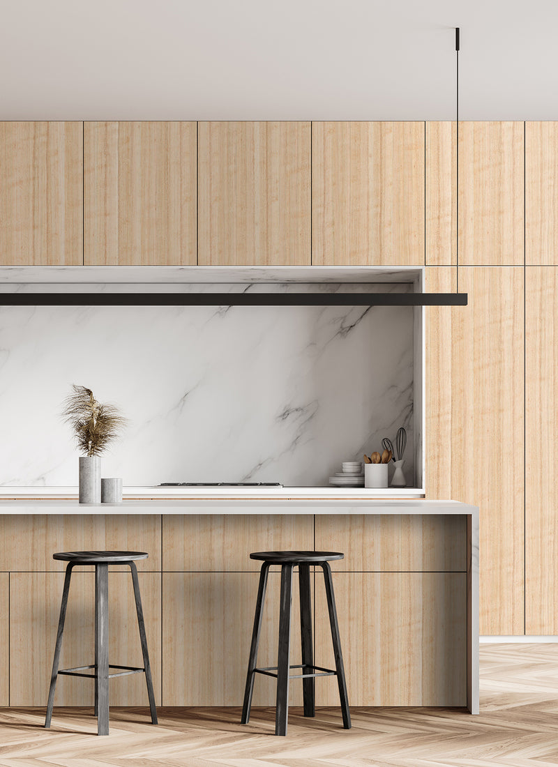 Plyco's Figured Eucalypt Strataply pressed on 18mm Birch Plywood in a kitchen without a white background