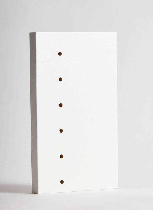 Plyco's 18mm White Melamine with pre-drilled holes on a white background