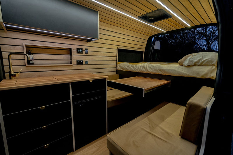 Victorian Surf Coast Plyco customer Built For Advanture uses the Melbourne plywood supplier's Raven Laminated Poplar Panels for interior cabinetry and joinery in this RV/caravan fitout project