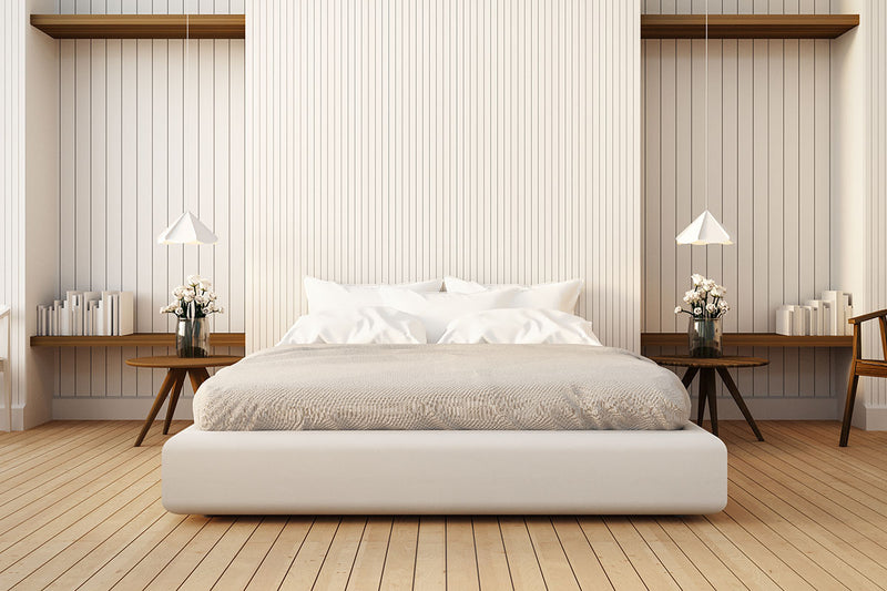 Local Melbourne plywood supplier Plyco's Designer Groove VJ100 wall panel and ceiling linings used in a beautiful bedroom interior
