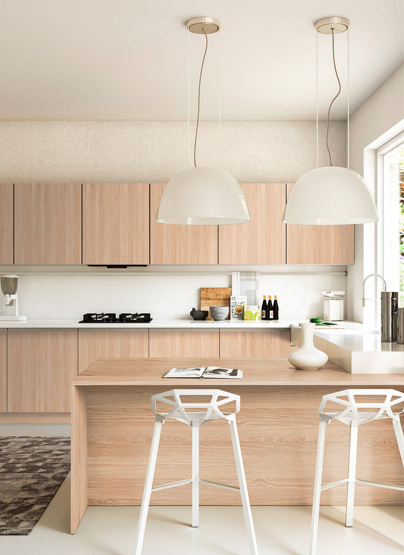 Another kitchen featuring Plyco's raw American Oak veneer laminate on a white background