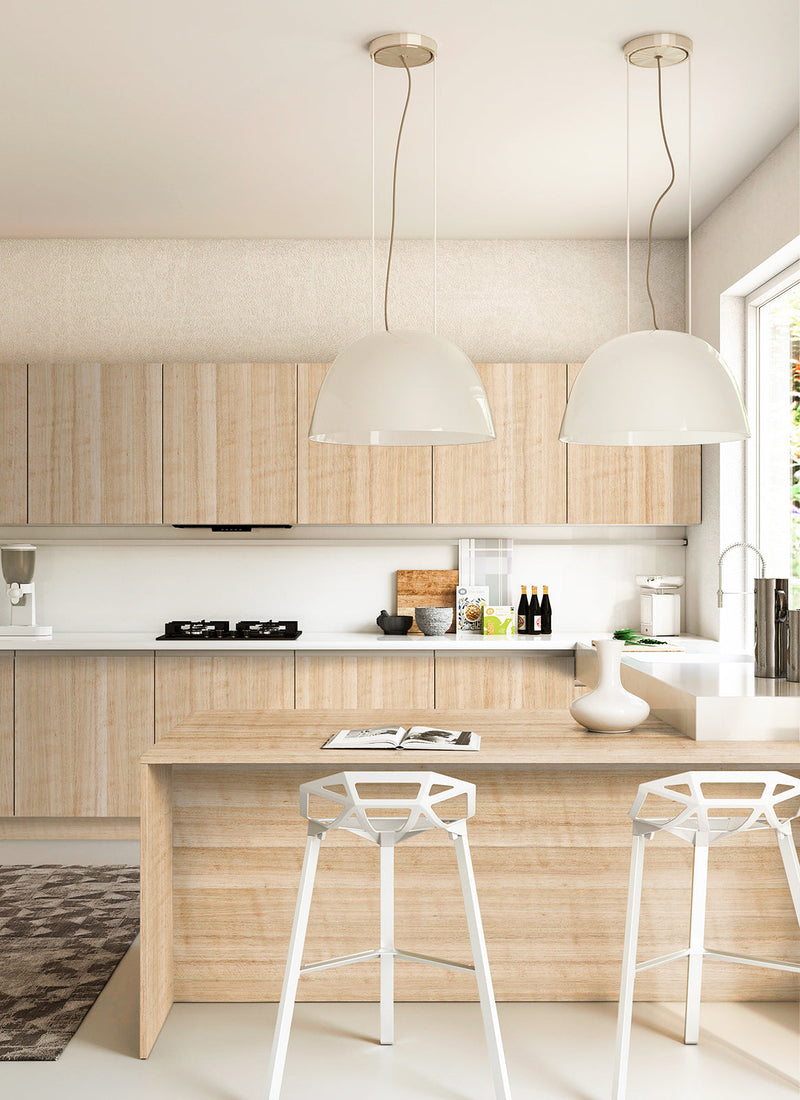 Kitchen benchtops and cabinetry featuring Plyco's 1mm raw, iron-on Figured Eucalypt veneer laminate on a white background