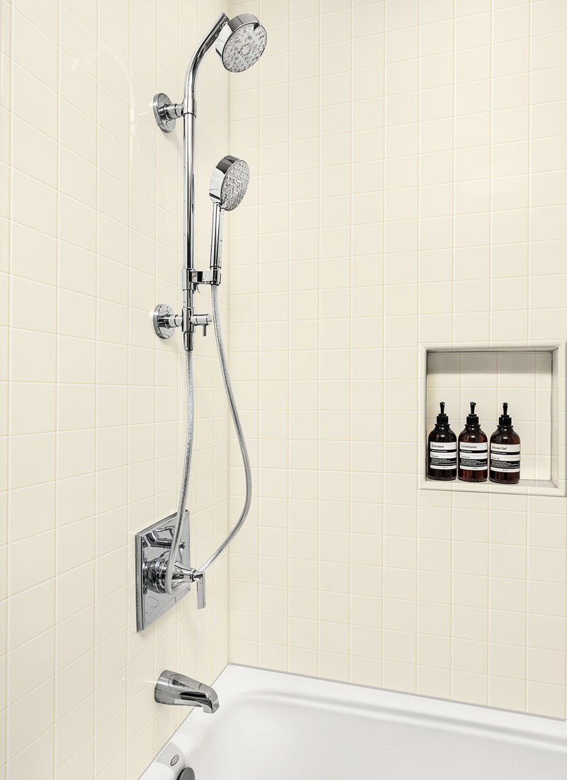 Magnolia Tiled Laminex Aquapanel from Plyco used in a Melbourne shower DIY project without a white background