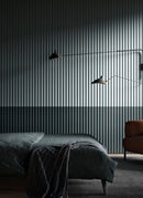 Laminex Surround MDF wall panel French Stripe 30 used in a bedroom not on a white background. Available to buy online from plywood supplier Plyco