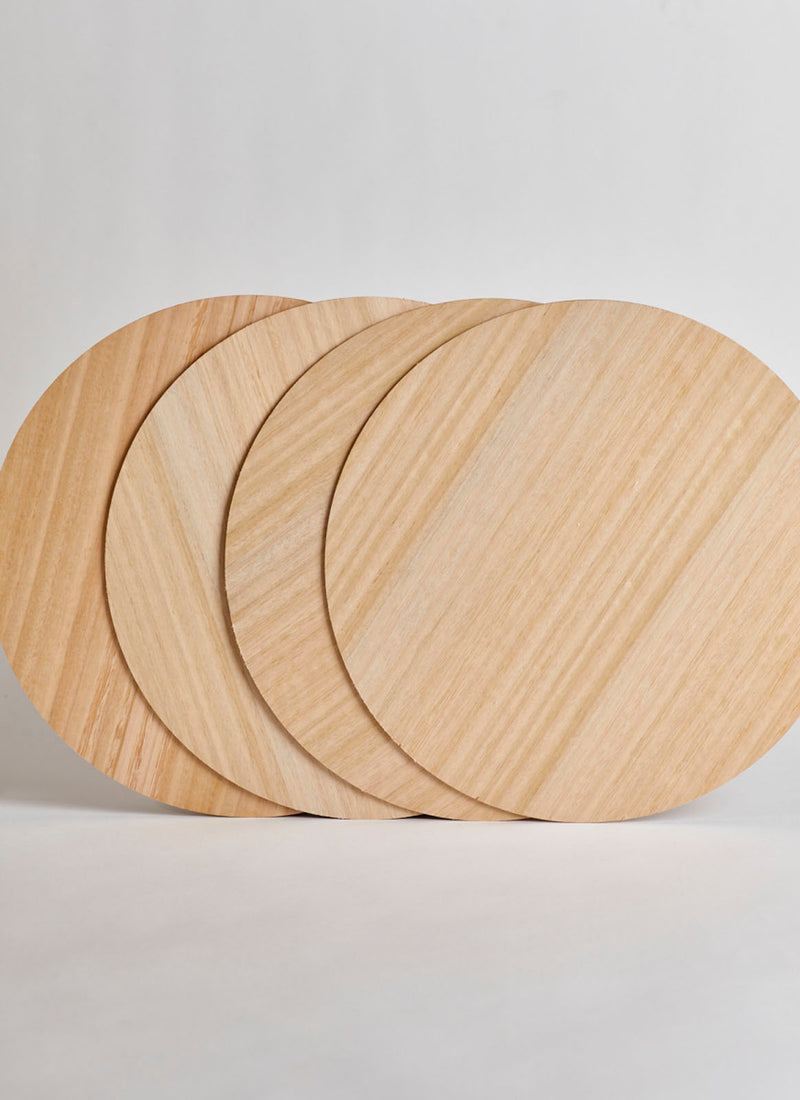 Another angle showcasing Plyco's 3mm Tasmanian Oak / Eucalypt Micropanel Circle on a white background