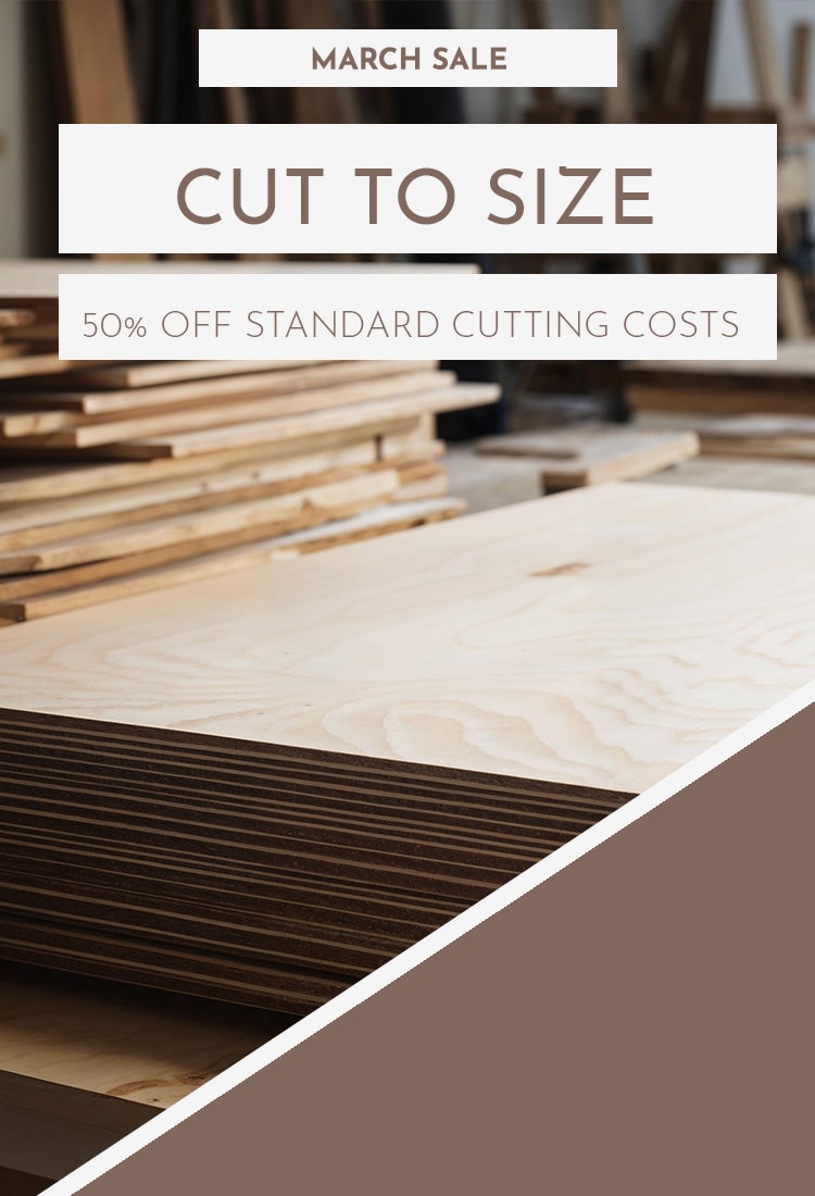 Slider announcing Plyco's March 2024 cut to size sale, offering 50% off standard cutting prices until April 1