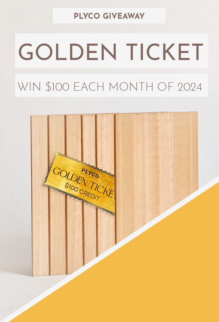 Mobile banner image for Melbourne plywood supplier Plyco's Golden Ticket Giveaway promotion on all laser cutting and engraving products in 2024