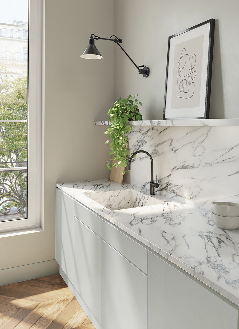 Render of a bathroom featuring Plyco's Pewter Spotless Laminate not on a white background