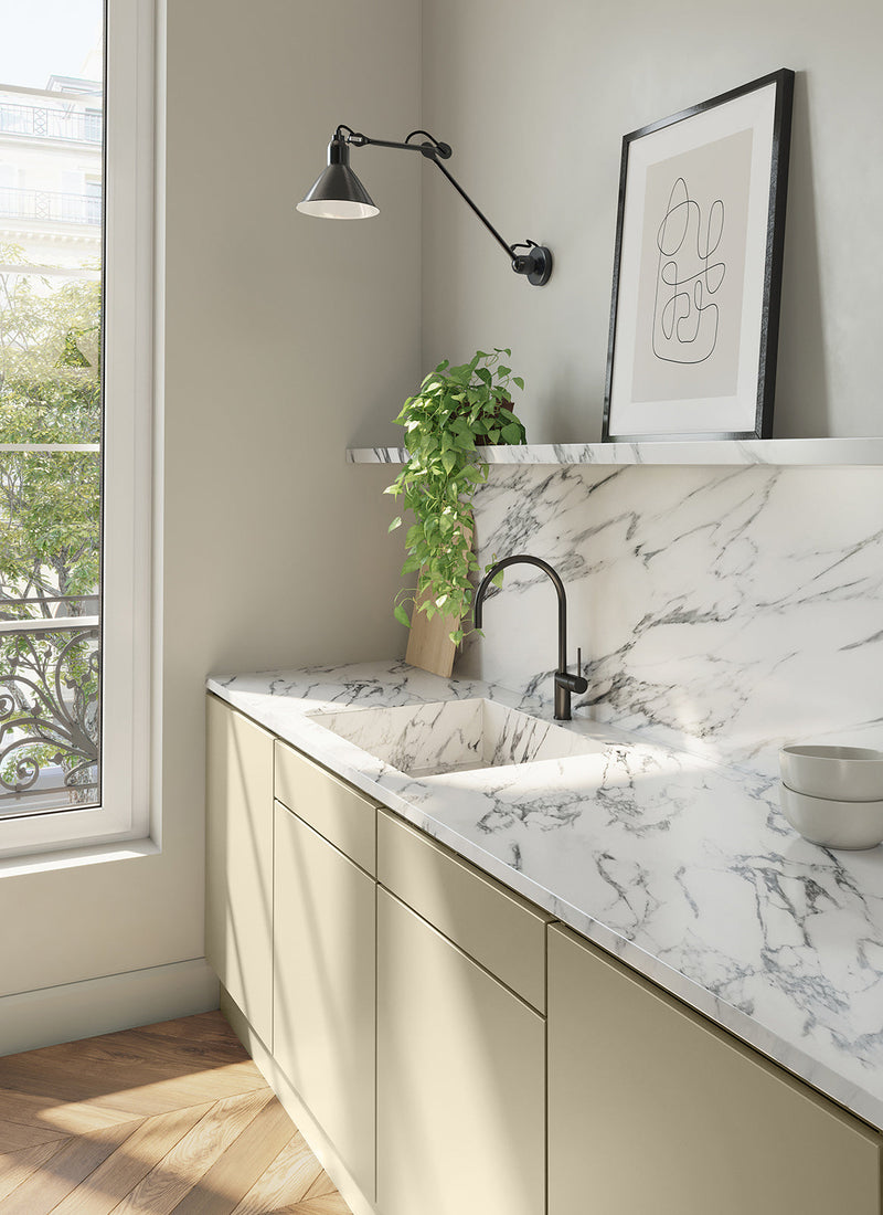 Render of a bathroom featuring Plyco's Porcelain Spotless Laminate not on a white background