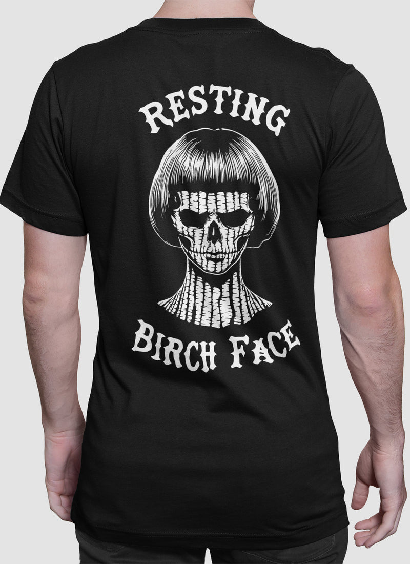 Reverse of Plyco's Resting Birch Face Tee warn by a model on a white background