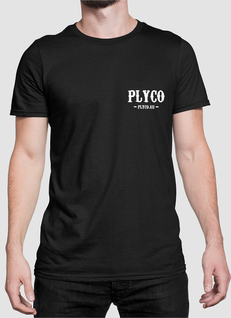 Front of Plyco's Resting Birch Face Tee warn by a model on a white background