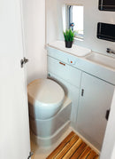 Bathroom in a RV / Caravan featuring 3mm Eggshell Vanply for interior caravan wall panels and cabinets from Melbourne plywood supplier Plyco without a white background