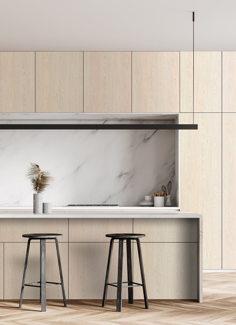 Another render showing Melbourne plywood supplier Plyco's 12mm Canadian Rock Maple Veneered MDF in a kitchen renovation without a white background