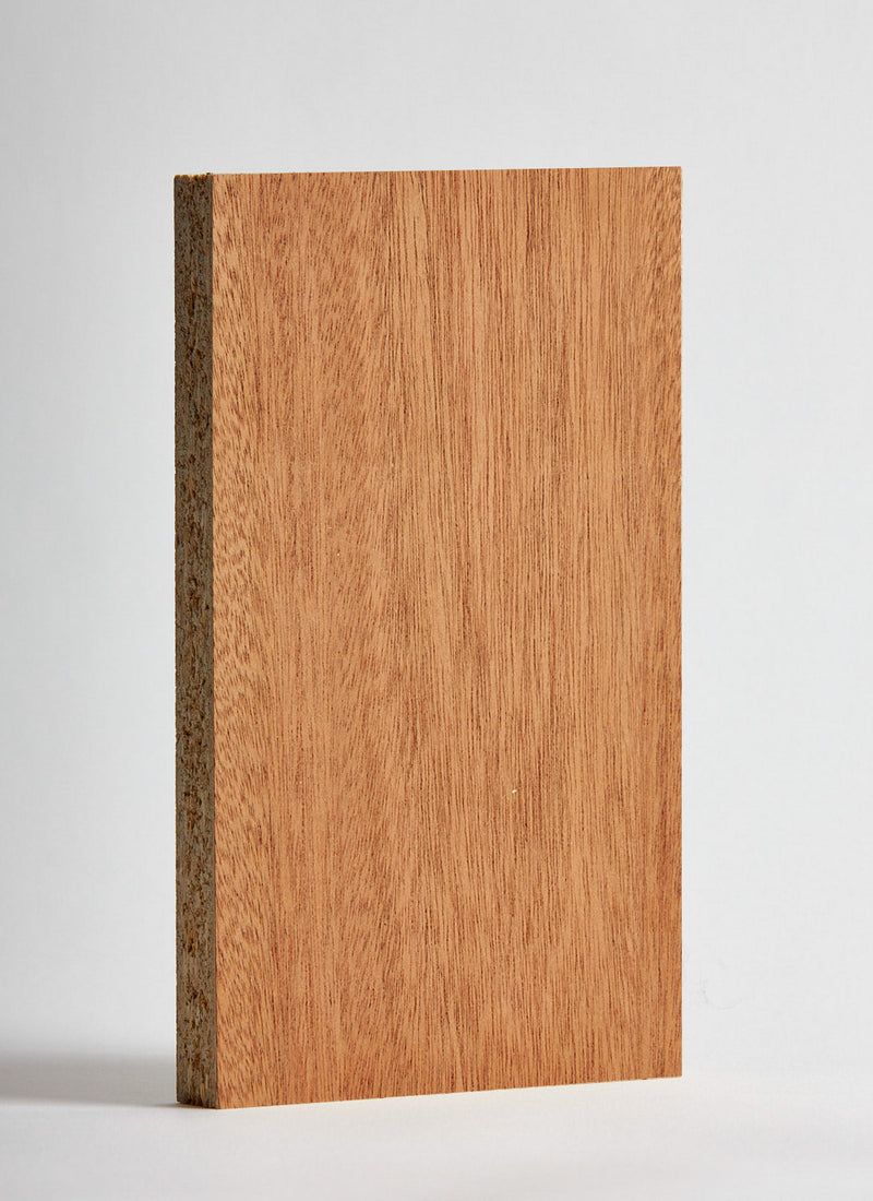 Plyco's 25mm Sapele Veneered Particle Board on a white background