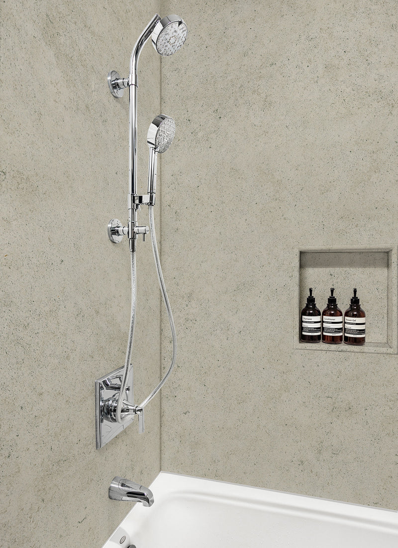 A residential shower featuring Forest One's Concrete Matt WallART Wet Area Panel from Plyco without a white background