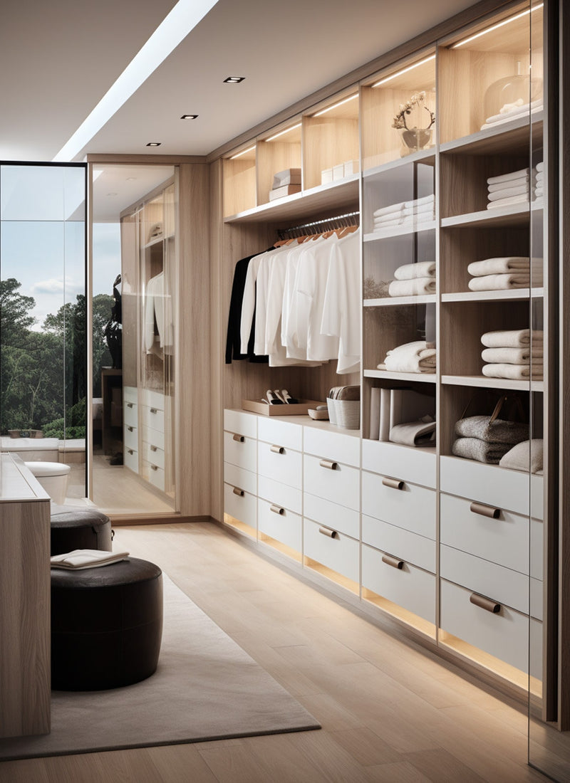 Plyco's 12mm White Matte Polyester Plywood panels used for cabinetry in a beautiful walk in wardrobe without a white background