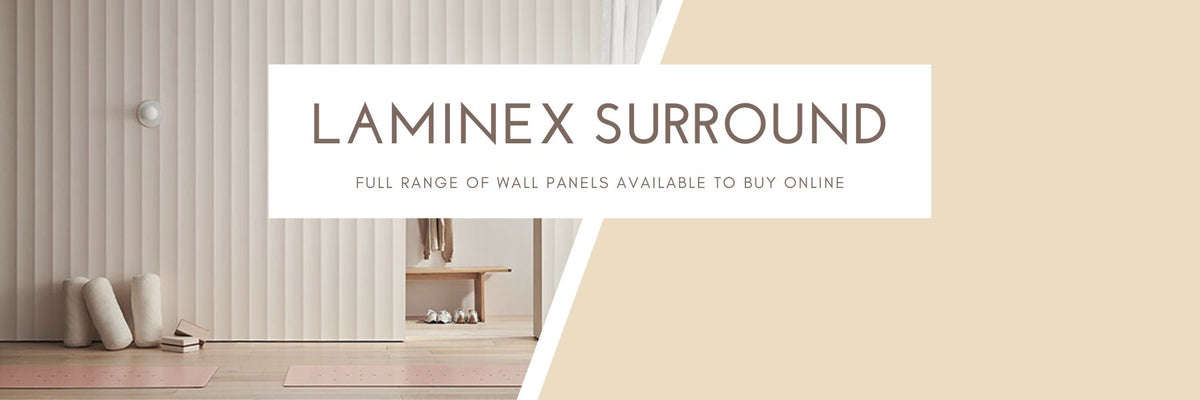 Website header image announcing the arrival of Surround by Laminex, wall panels available to buy online from local plywood supplier Plyco