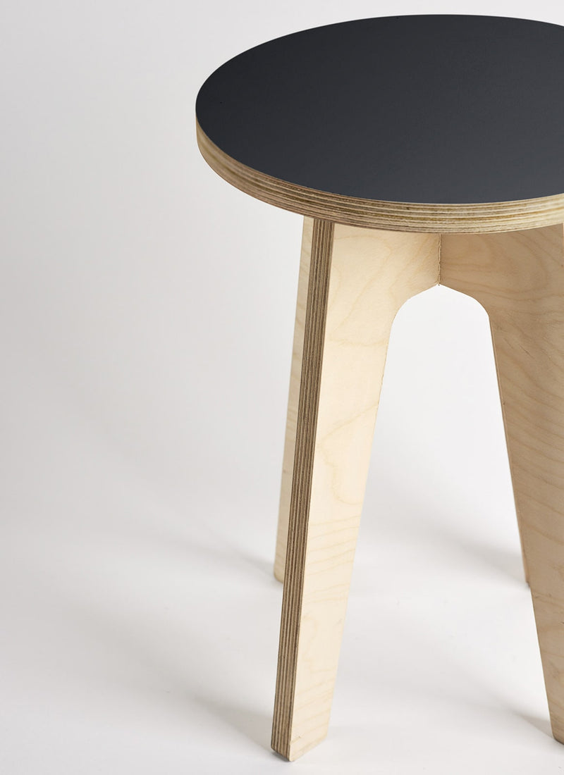 Plyco's Scandinavian inspired, Birch Decoply Stool/Chair in Raven Black on a white background