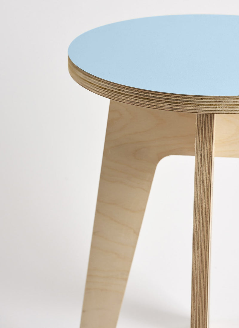 Plyco's Scandinavian inspired, Birch Decoply Stool/Chair in Sky Blue on a white background