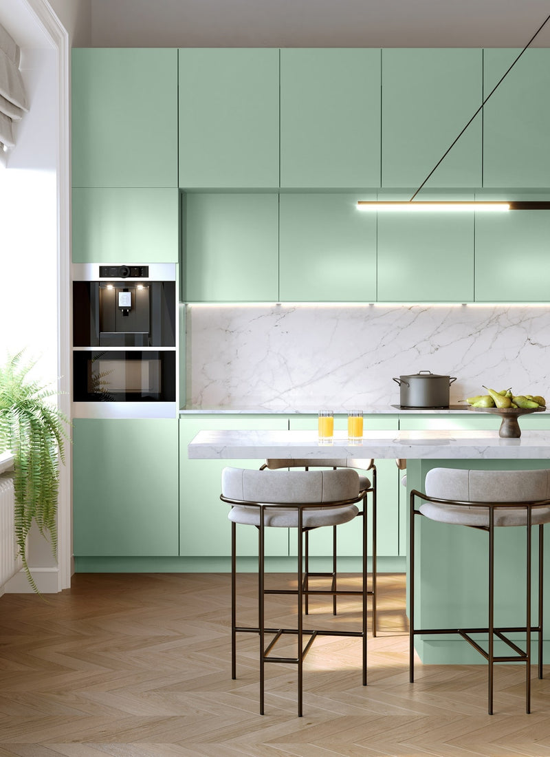 Mint Decor Laminate sheets from Melbourne plywood supplier Plyco used in a kitchen project, without a white background