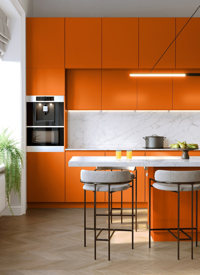 Orange Decor Laminate sheets from Melbourne plywood supplier Plyco used in a kitchen project, without a white background