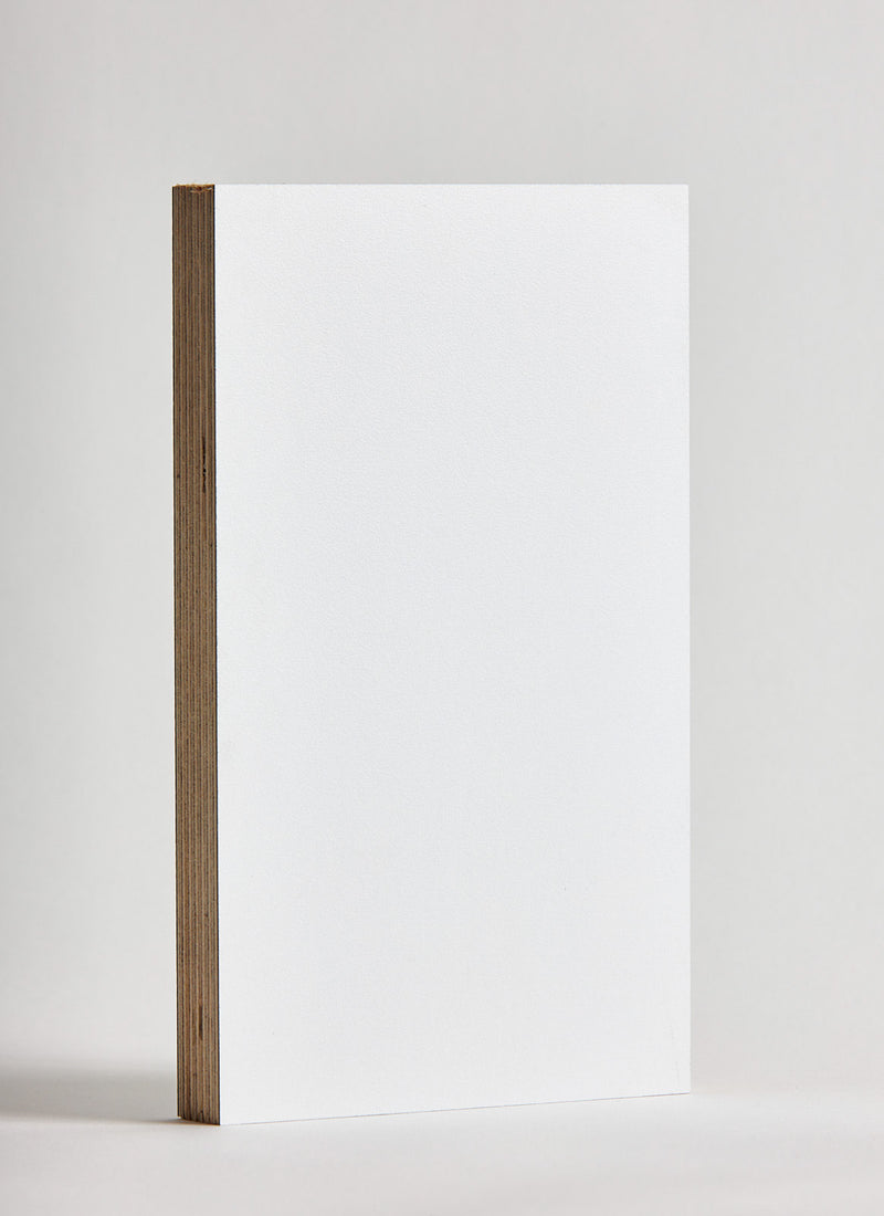 Plyco's Alabaster Decor Laminate pressed onto a Birch Plywood core (Decoply) on a white background