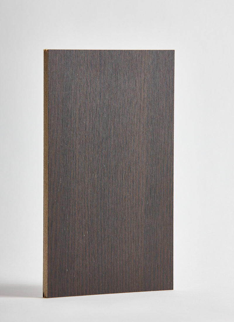 Plyco's Chocolate Oak Decor Laminate pressed onto a Birch Plywood core (Decoply) on a white background