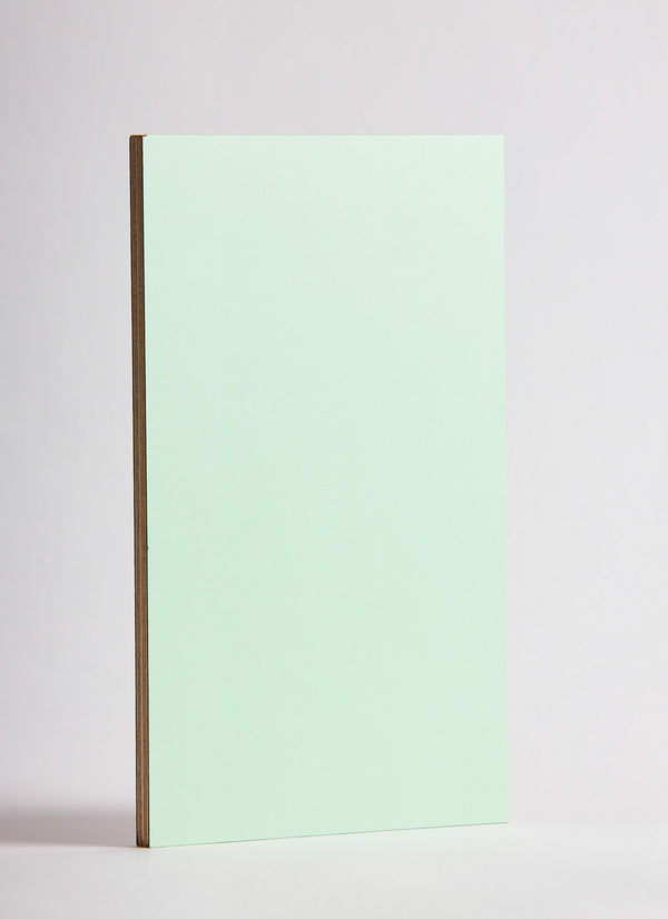 Plyco's Mint Decor Laminate pressed onto a Birch Plywood core (Decoply) on a white background