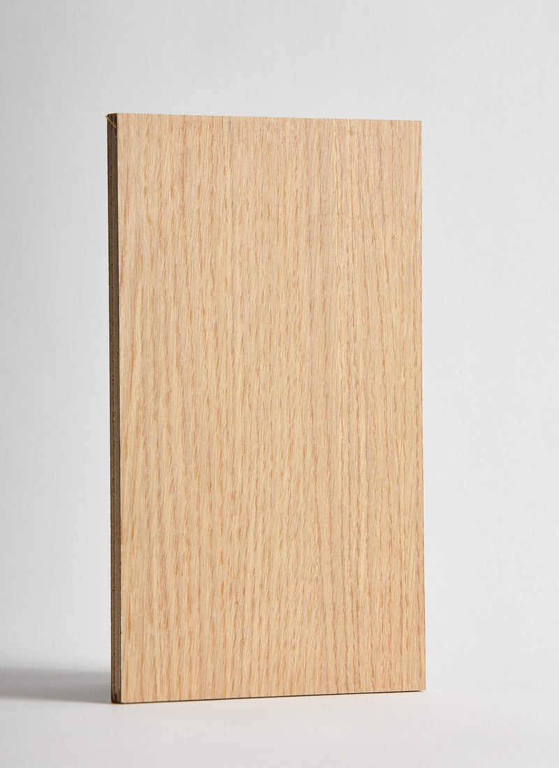 Plyco's White Oak Decor Laminate pressed onto a Birch Plywood core (Decoply) on a white background