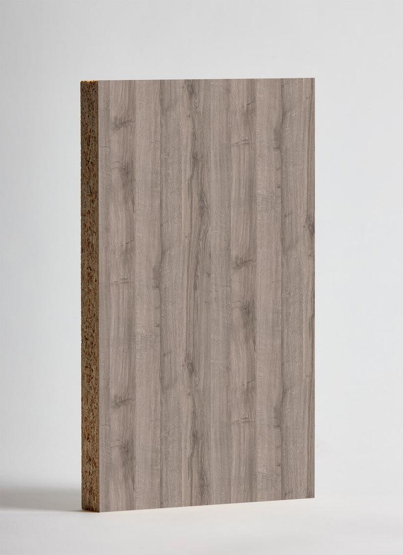 Plyco's 18mm Grey Sherman Oak EGGER Panel on a white background