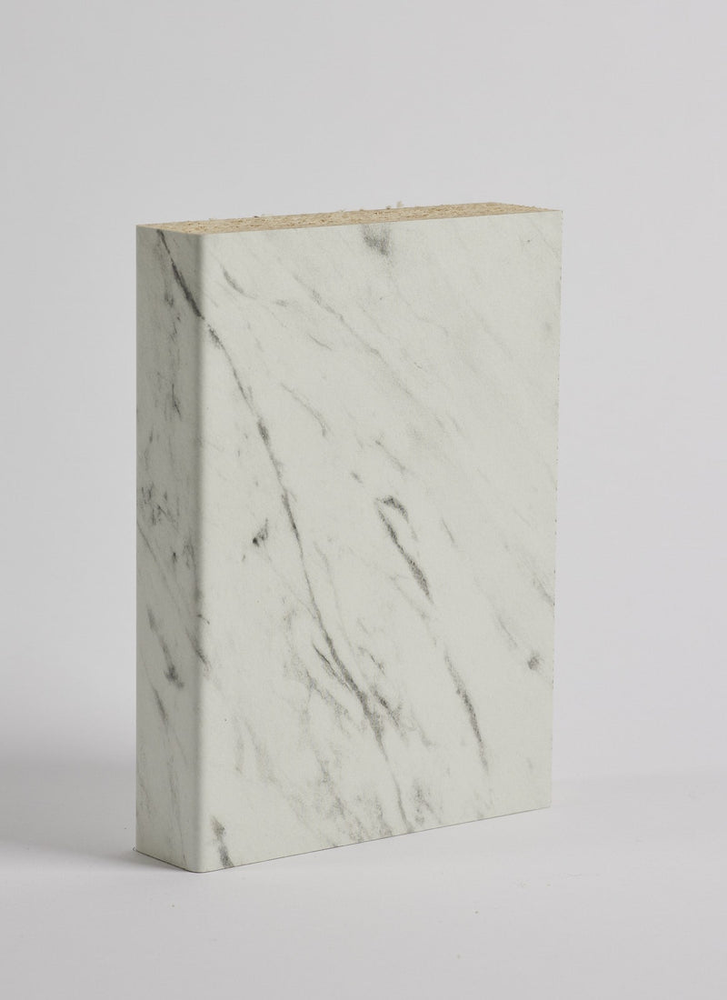 Face view of Plyco's new EGGER worktop/benchtop laminate in White Carrara Marble Oak on a white background