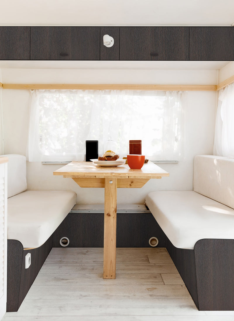 Another caravan interior project using Melbourne plywood supplier Plyco's lightweight 12mm Chocolate Oak laminated poplar panel without a white background.