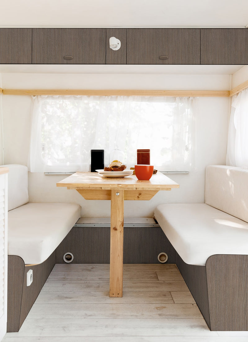 Another caravan interior project using Melbourne plywood supplier Plyco's lightweight 12mm Graphite Oak Laminated Poplar Panel without a white background.